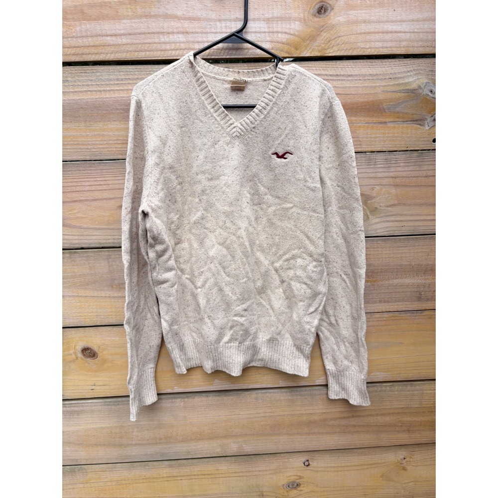 Hollister Mens XL V-Neck Sweater Oatmeal Beige Marl Cotton Blend Logo Knit